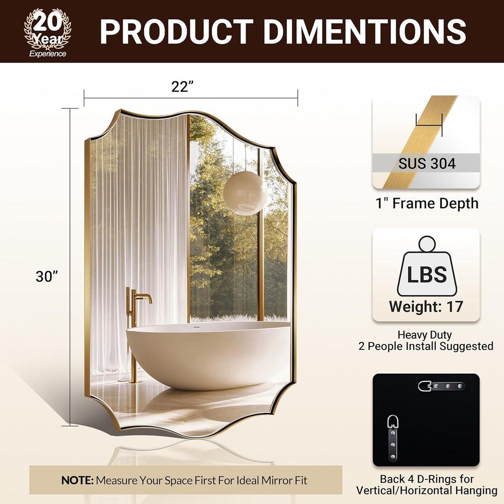 ANDY STAR Gold Vanity Mirror, 22x30 Inch Brushed Gold Mirror for Bathroom, Unique Rectangle Mirror in Rust-Proof Stainless Steel 1" Frame, Ideal for Bathroom, Powder Room, Mantel