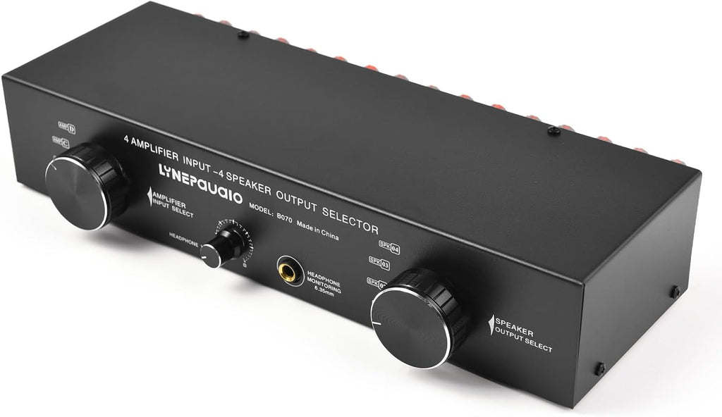 4 Input 4 Output Speaker Switch Selector for Amplifier, 300Wx4 Channel Stereo Audio Switcher Box with 6.35mm Banana Jack - Manual Passive Control for Home Studio Multi Room System
