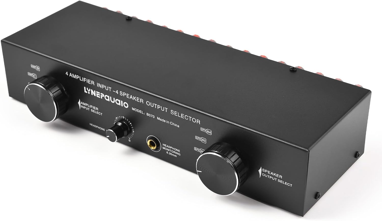 4 Input 4 Output Speaker Switch Selector for Amplifier, 300Wx4 Channel Stereo Audio Switcher Box with 6.35mm Banana Jack - Manual Passive Control for Home Studio Multi Room System