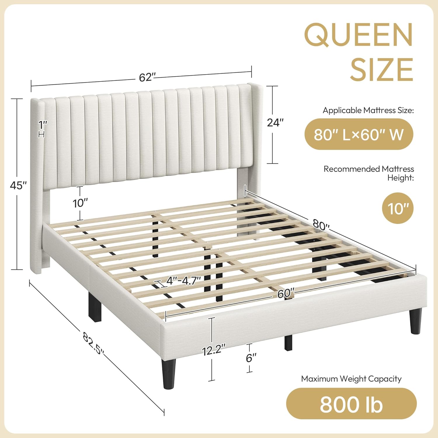 Yaheetech Queen Bed Frame Upholstered Platform Bed with Fabric Headboard, Wing Edge Design/Non-Slip and Noise-Free/Wooden Slats Support/No Box Spring Needed/Easy Assembly, Ivory Queen Bed