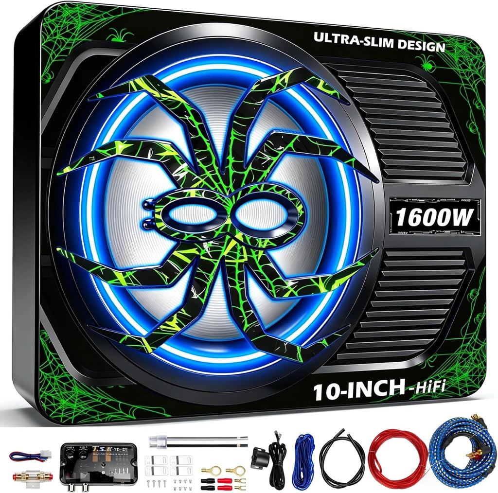 2026 Upgraded 1600W 10" Slim Under Seat Subwoofer with Built-in Amplifier - Powered Car Low Profile Bass Sub - Individual Controls (LPF/Gain/Bass Boost) LED Ambient Lights