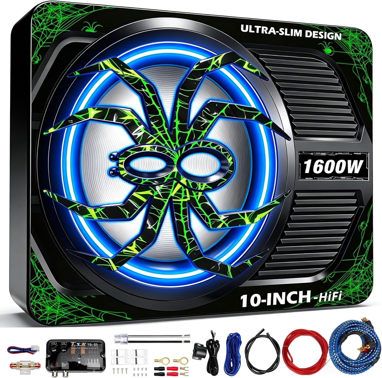 2026 Upgraded 1600W 10" Slim Under Seat Subwoofer with Built-in Amplifier - Powered Car Low Profile Bass Sub - Individual Controls (LPF/Gain/Bass Boost) LED Ambient Lights
