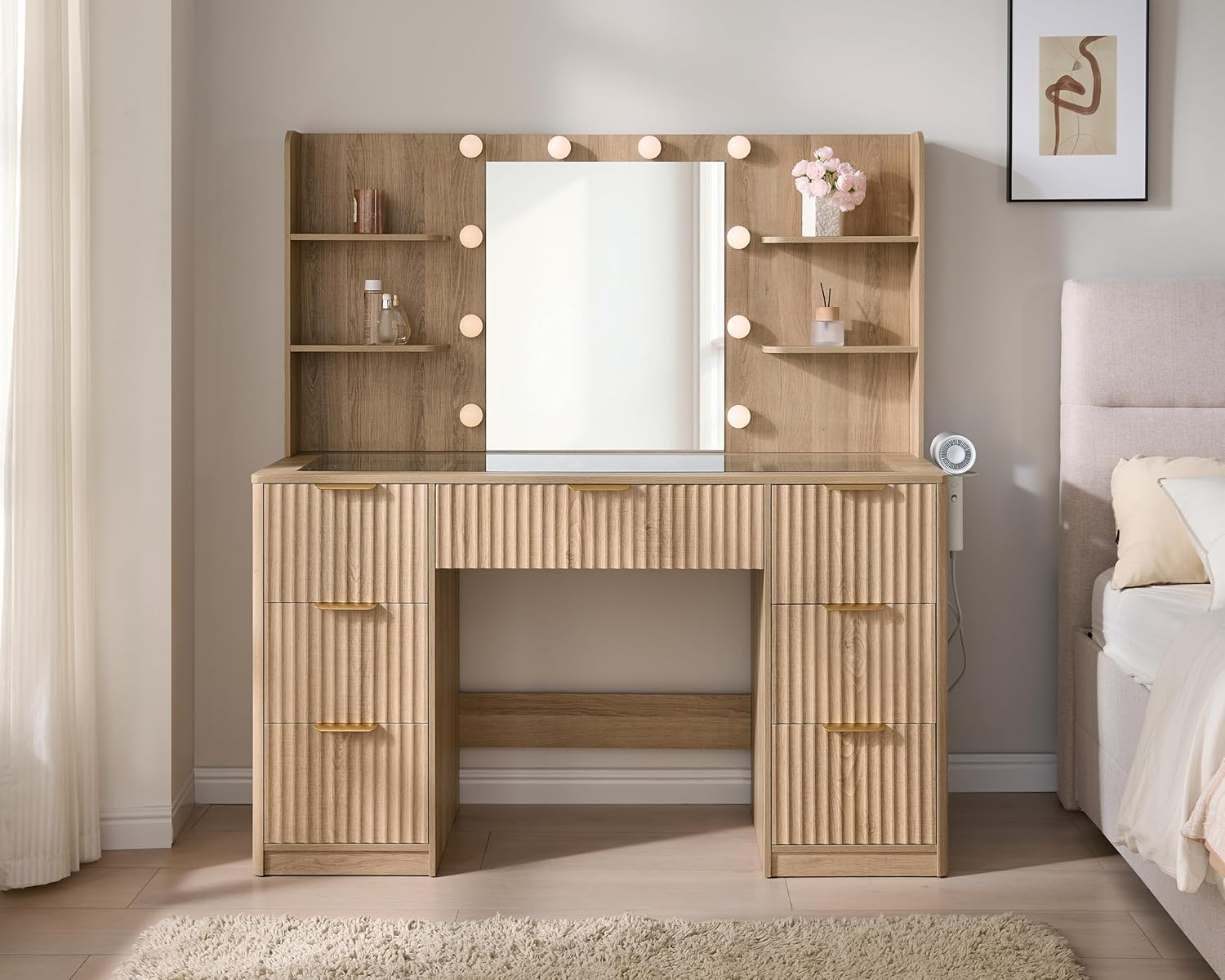 AMERLIFE 47.2" Fluted Vanity Desk with Mirror and Adjustable LED Lights, Large 7 Drawers Makeup Vanity Table with Glass Top and Charging Station for Women and Girls, Bedroom or Dorm, Natural Oak