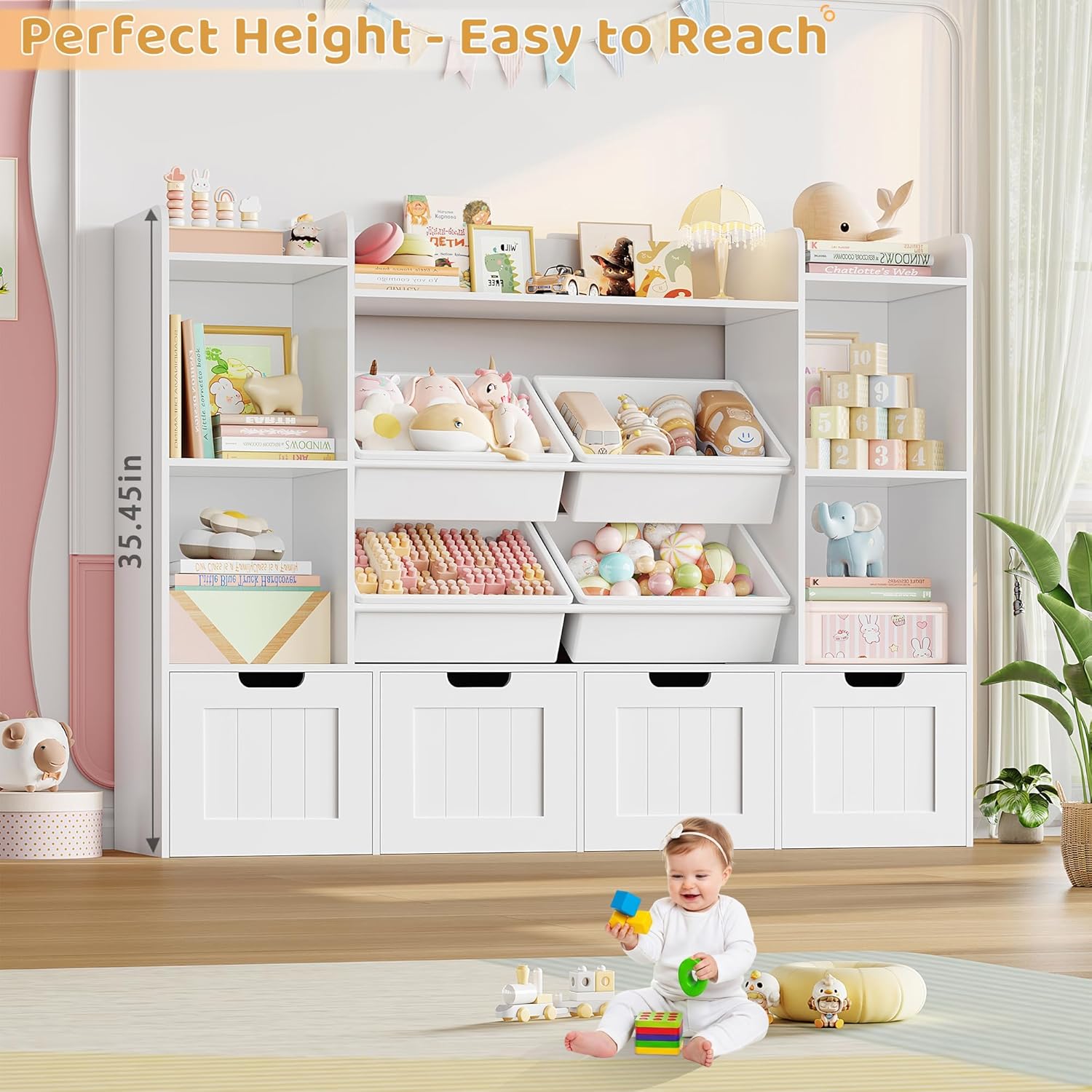 Toy Storage Organizer, Toy Organizer with 4 Movable Drawers and 4 Box Bins, Kids Playroom Storage Organization with Hidden Wheels for Living Room, Kids Room
