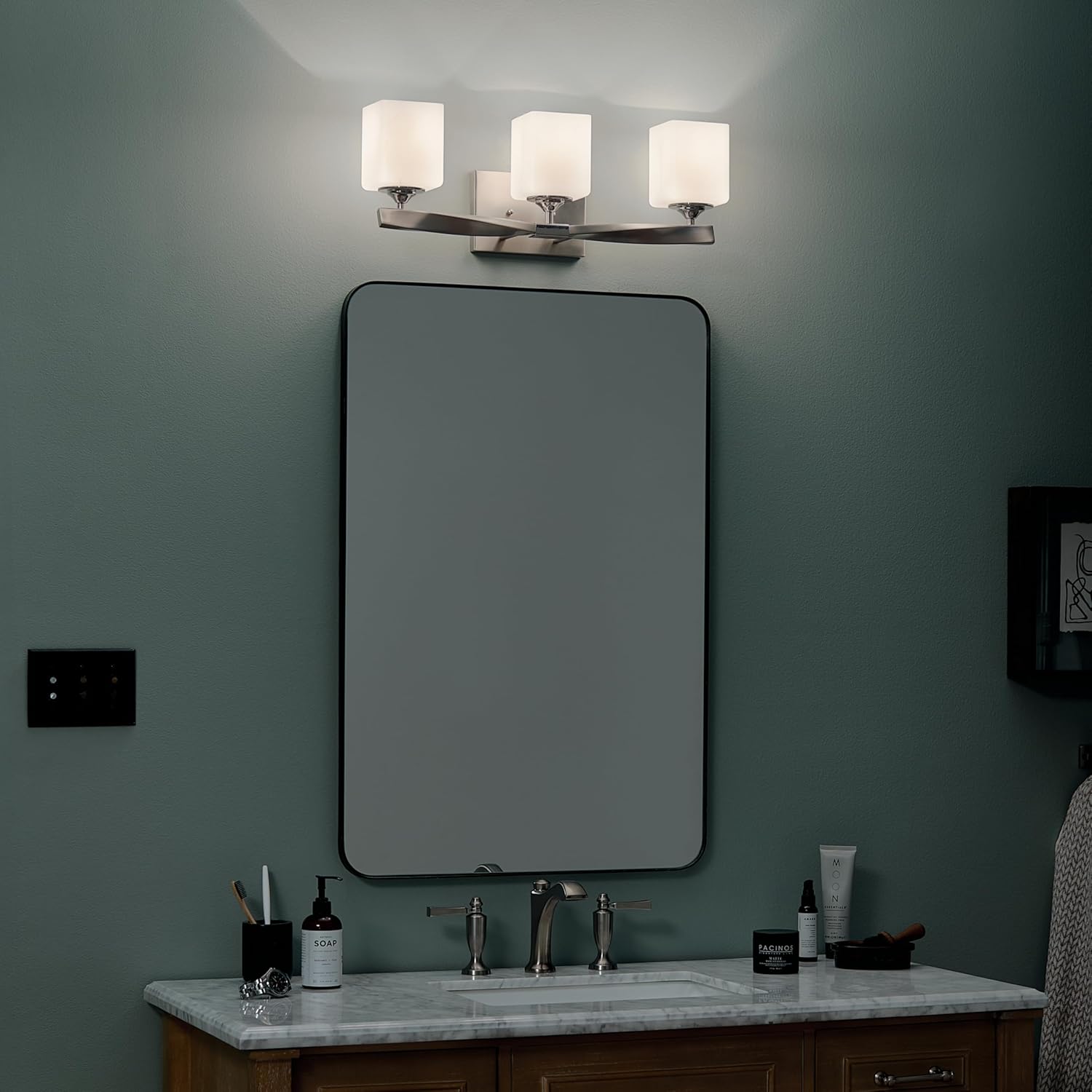 Kichler Marette 22.75" Vanity Light in Brushed Nickel, 3-Light Modern Bathroom Light with Satin Etched Cased Opal Glass, (22.75" W x 8" H), 55002NI