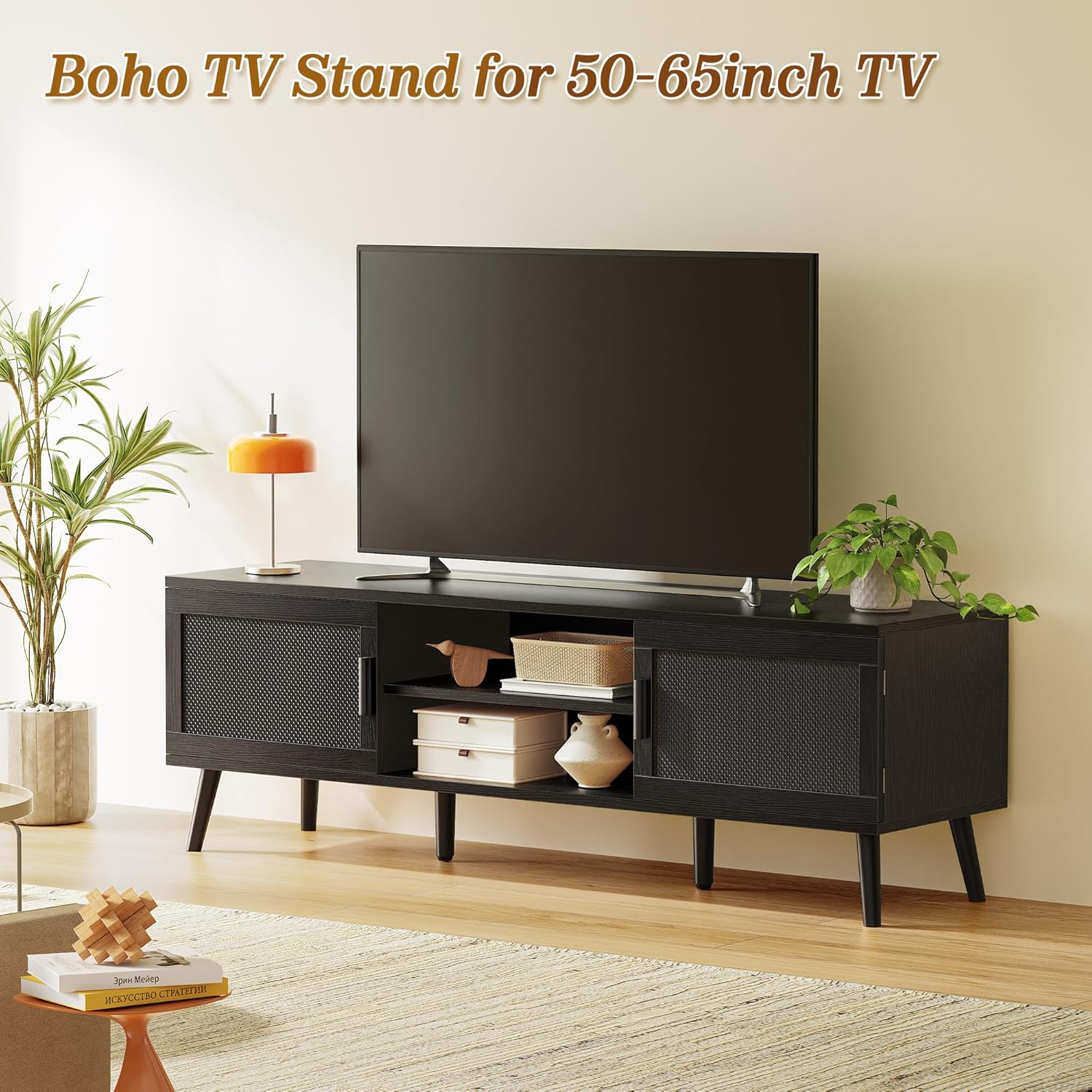 SUPERJARE TV Stand for 65 Inch TV, Entertainment Center with Adjustable Shelf, TV Console with 2 Cabinets, Media Console, Solid Wood Feet, 4 Cord Holes, for Living Room, Black