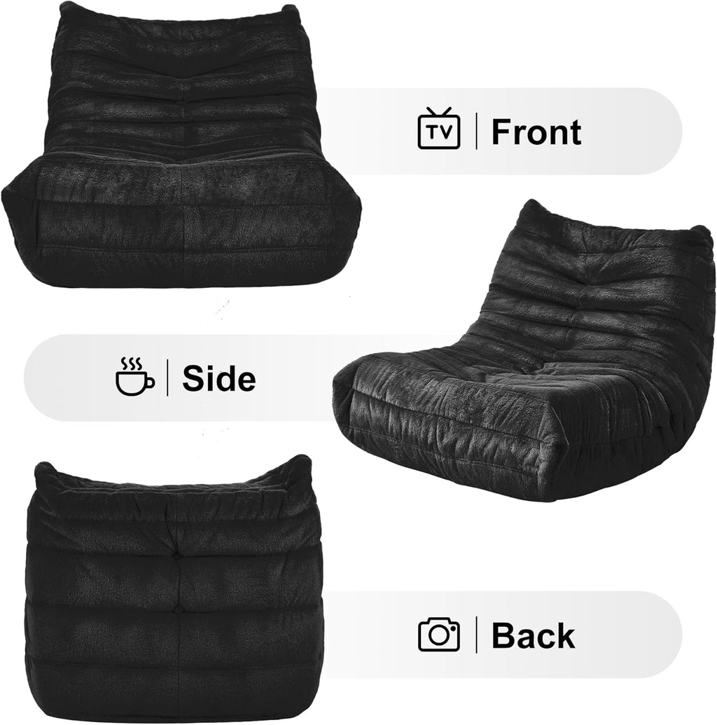 Bean Bag Chairs for Adults Giant Bean Bag Chair Memory Foam BeanBag Chair Bean Bag Sofa with Filler Faux Fur Fireside Beanbags Lazy Sofa for Living Room Bedroom Office (Black Plush, Single)