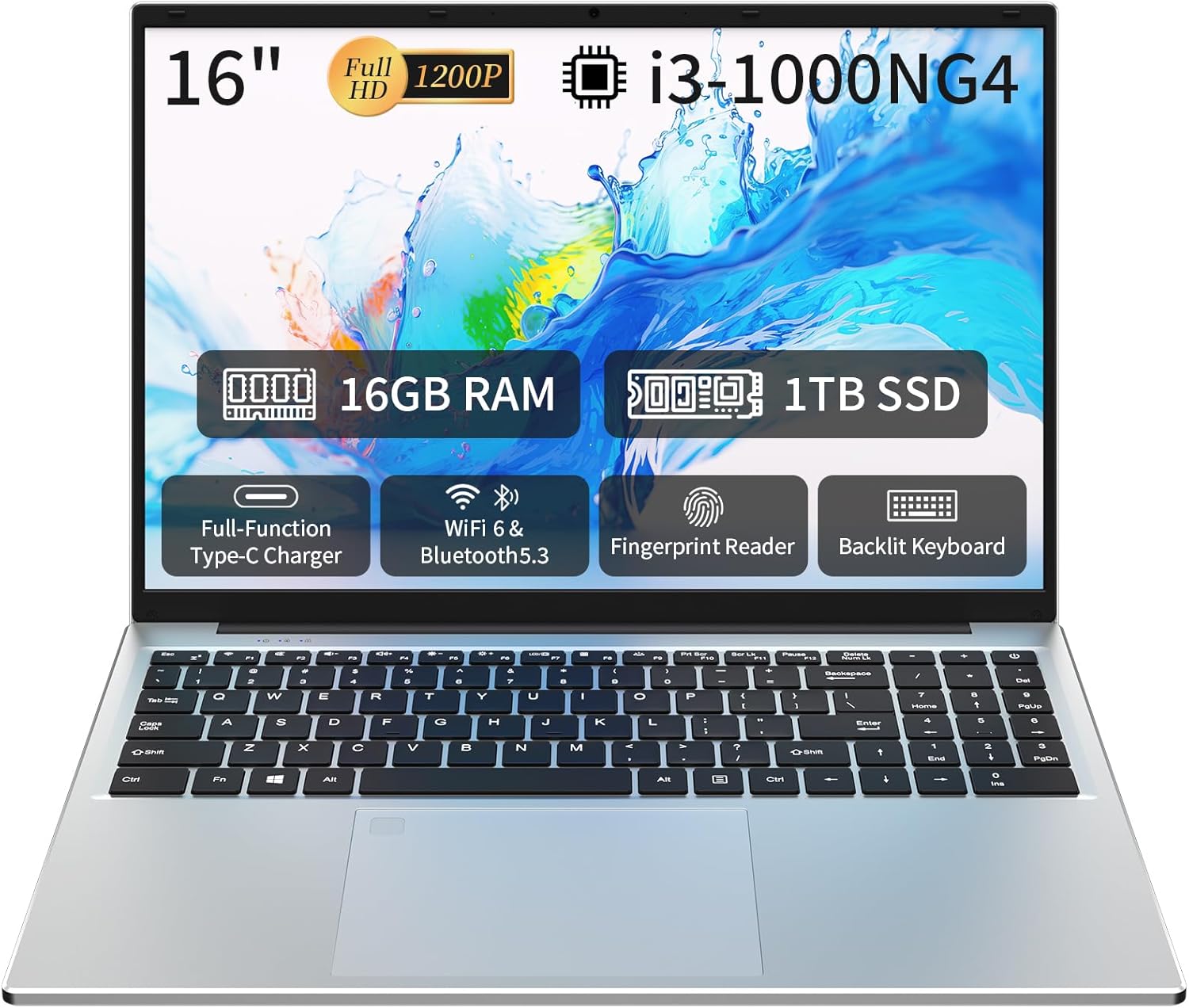 Auusda 16" Traditional Laptop Computer, i3 Processor 16GB RAM 1TB SSD Silver Laptops Notebook with Backlit Keyboard, Fingerprint, WiFi 6 Bluetooth 5.3 Laptops for Students & Office USB-C Port