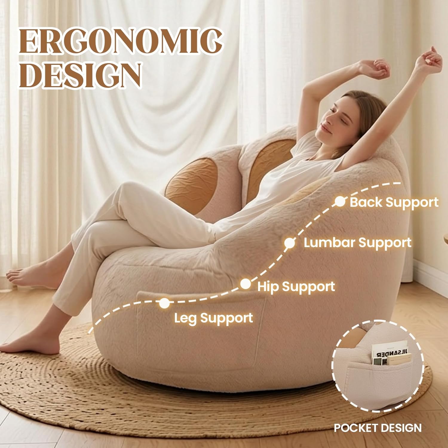 Achicsofar Bean Bag Chair for Adults Teens, Gaint Faux Fur Cat's Paw Shape Beanbag Chairs Memory Foam Filled Accent Floor Sofa for Reading, Gaming, Relaxing in Living Room, Bedroom, Dorm