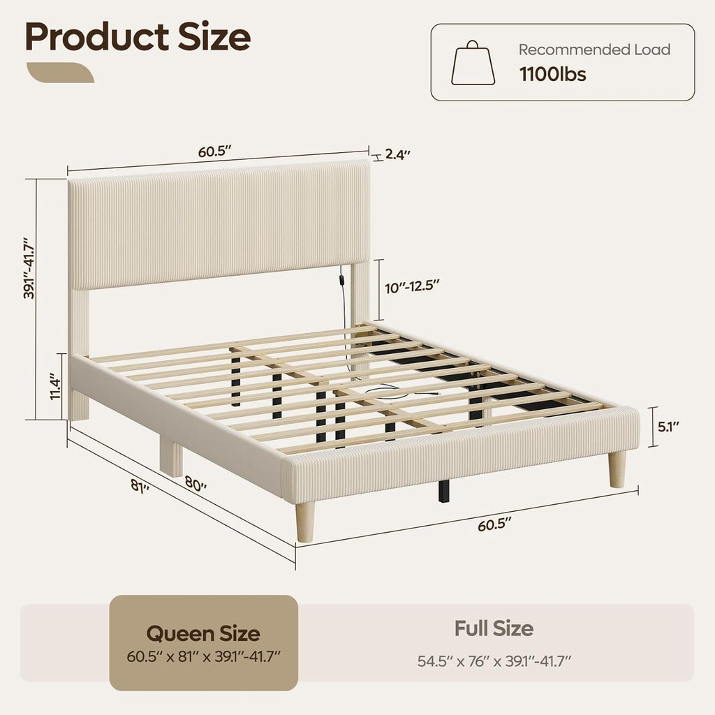 Bestier Queen Bed Frame with Headboard,Platform Queen Size Bed Frame with LED Lighting,Bed Frame Wooden Slats Support,No Box Spring Needed,Never Squeaks, Easy Assembly,Beige