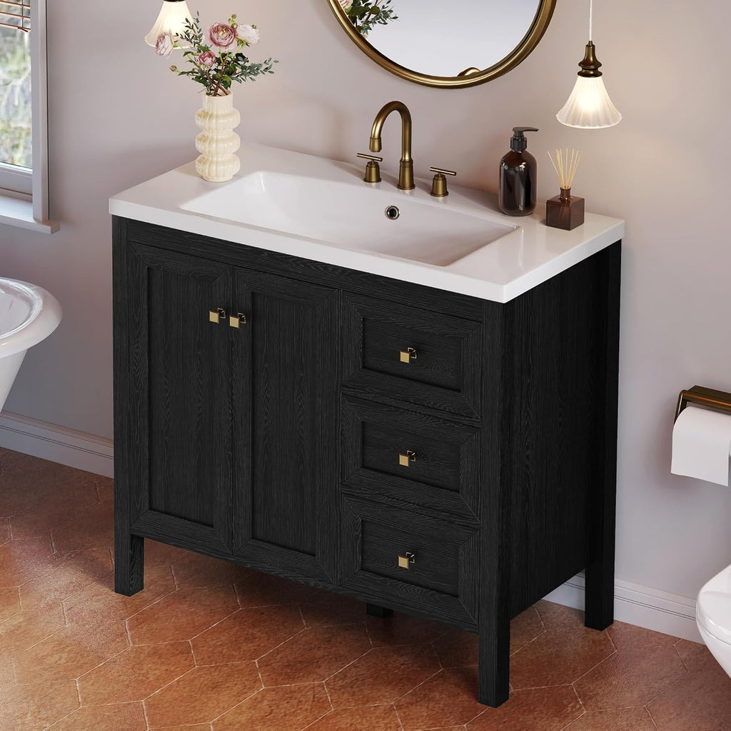 YITAHOME 36" Bathroom Vanity with Sink Set, Vintage Bathroom Cabinet Vanity with Resin Basin, Extra Large Storage with 2 Soft-Closing Doors & 3 Drawers, Black