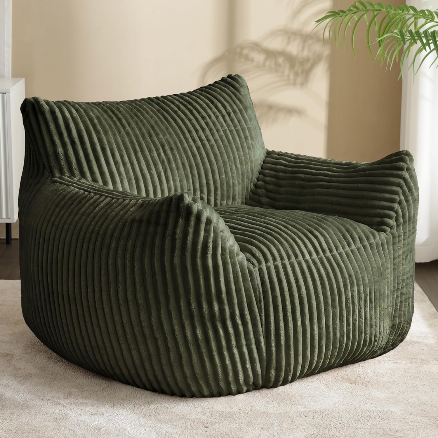 Bean Bag Chair with Armrests, Comfy Corduroy Beanbag Sofa for Adults, Stuffed Floor Accent Chair for Living Room, Bedroom, Green, Single