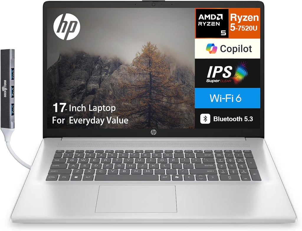 HP 17 Everyday Value Laptop 17.3" IPS FHD Display (AMD Ryzen 5 7520U, 8GB LPDDR5, 512GB SSD, AMD Radeon, WiFi 6, Webcam, Bluetooth 5.3, Win 11 Home) w/DKZ USB Port Expander