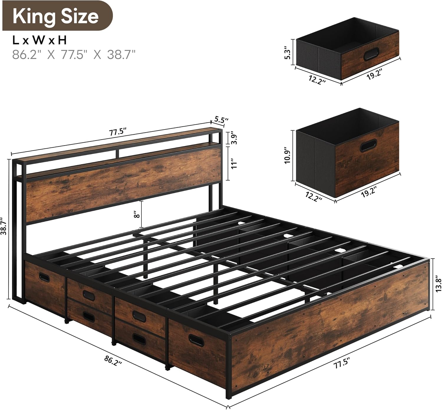 LIKIMIO King Bed Frame with 12 Fabric Storage Drawers, Industrial Platform Bed Frame with Headboard, No Box Spring Needed, Sturdy Metal Slat Support, Rustic Brown, Noise-Free, Easy Assembly