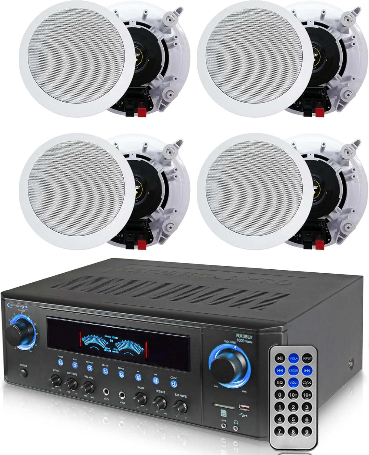 Home Theater System Kit 1000 Watts Professional Home Stereo Receiver with (Qty 4) 5.25” 175 Watts in-Wall in-Ceiling Speakers & Remote Control - Perfect for Home/Office/Bar By Technical Pro