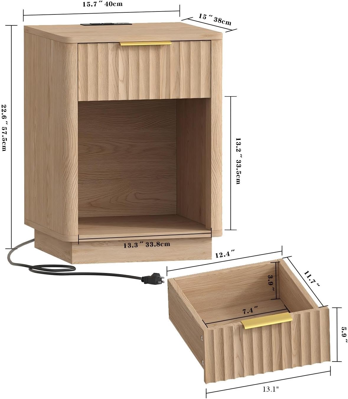 Akxomel Fluted Nightstands Set of 2, Wooden Night Stand with Charging Station and LED Light, Modern Mid Century Bed Side End Table with Drawer, 15" D x 15.7" W x 22.6" H, for Bedroom, Natural Oak