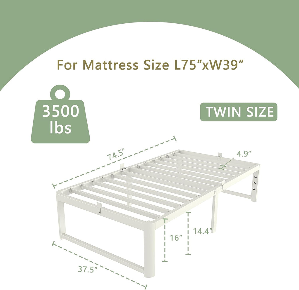 VYM 16 Inch Twin Size Bed Frames, Platform Bed with Metal Gaskets, Metal Bedframe No Box Spring Needed, DIY Headboard, Anti-Slip Mattress Stopper, Round Corner Leg, Easy Assembly, White