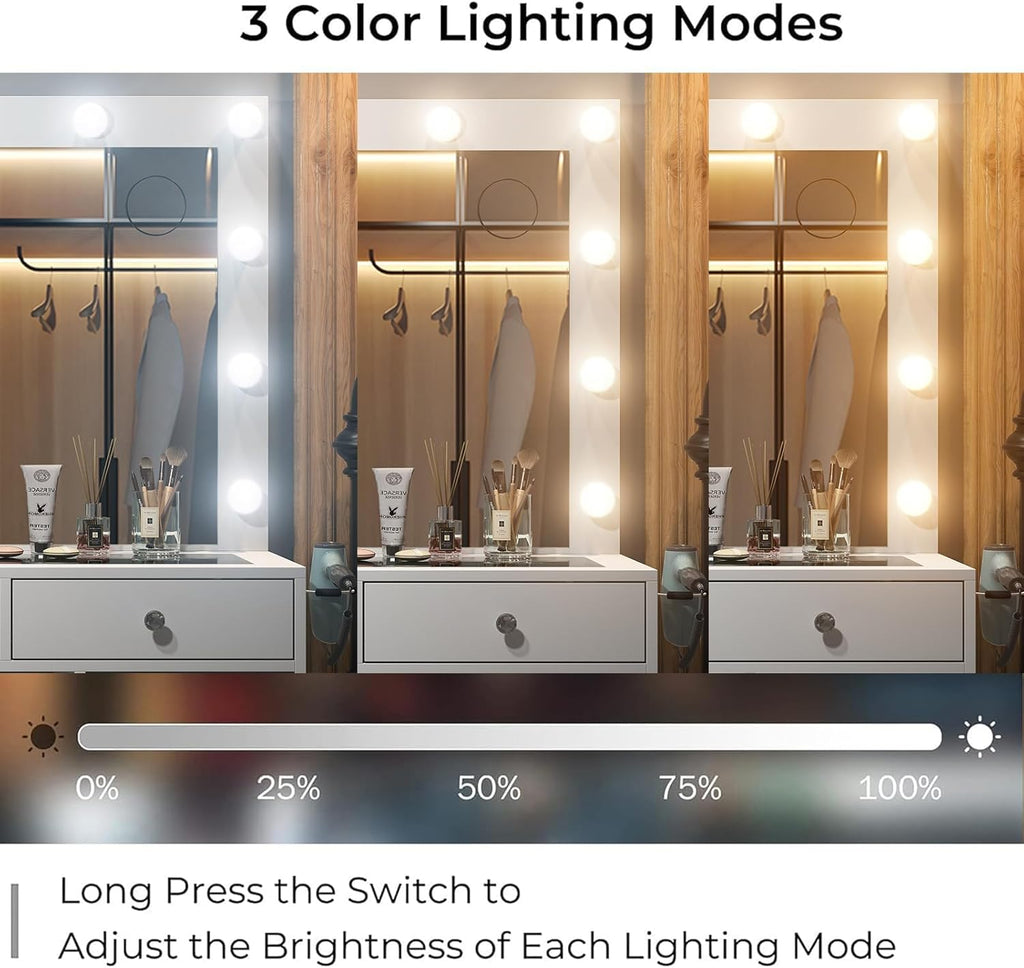 Yanosaku Vanity Desk & Power Outl, Makeup Vanity with Mirror and 12 LED Lights, Makeup Table with 11 Drawers, Vanity Table with Chair,Set 3 Lighting Modes Brightness Adjustable-(White)