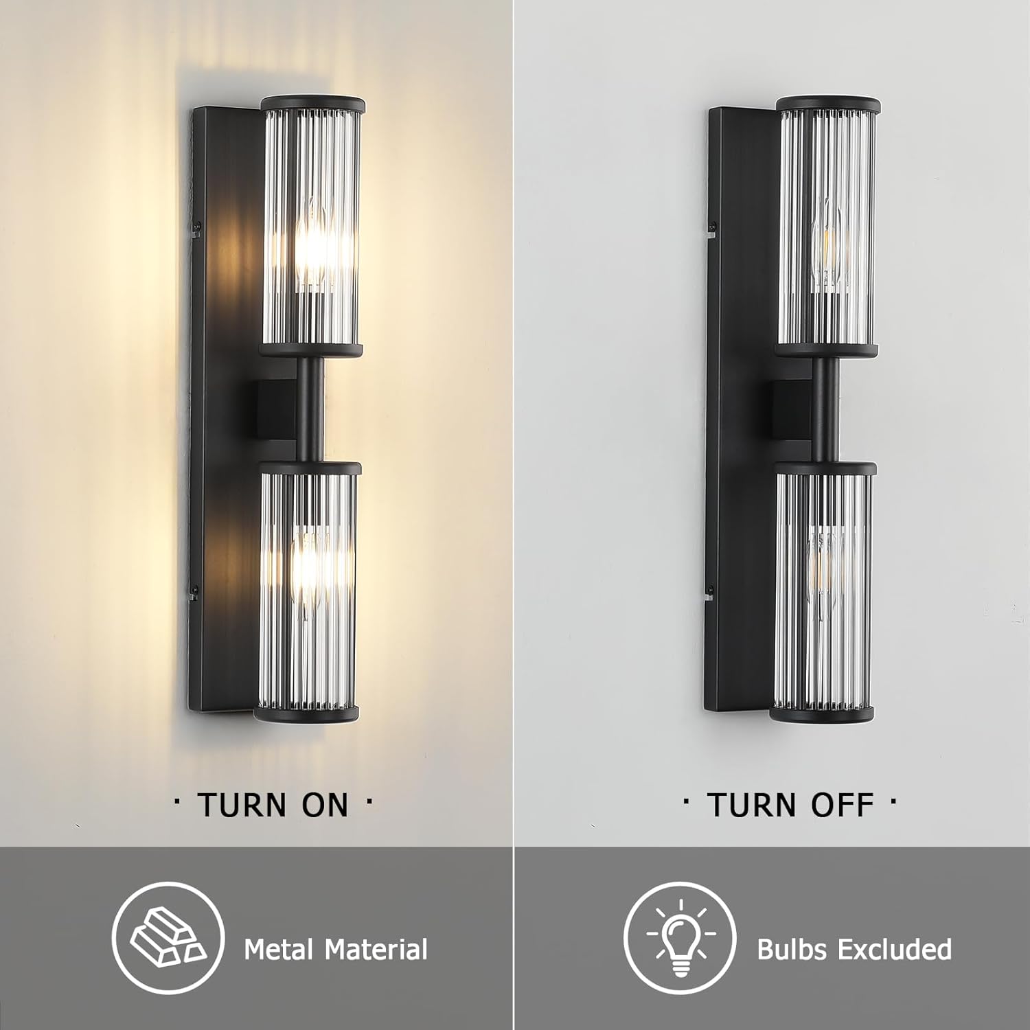 Modern Vanity Light Set of 2 - Matte Black Industrial Wall Sconces with Glass Rod Shades, Bathroom Mirror Lighting for Bedroom, Hallway, Dressing Room