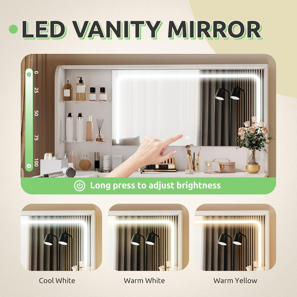 DWVO Vanity Desk with Light and Mirror, 3 Lighting Modes, L-Shaped Corner Vanity Table, 48" Large Dressing Table with 5 Tempered Glass Drawers with Open Storage Shelves