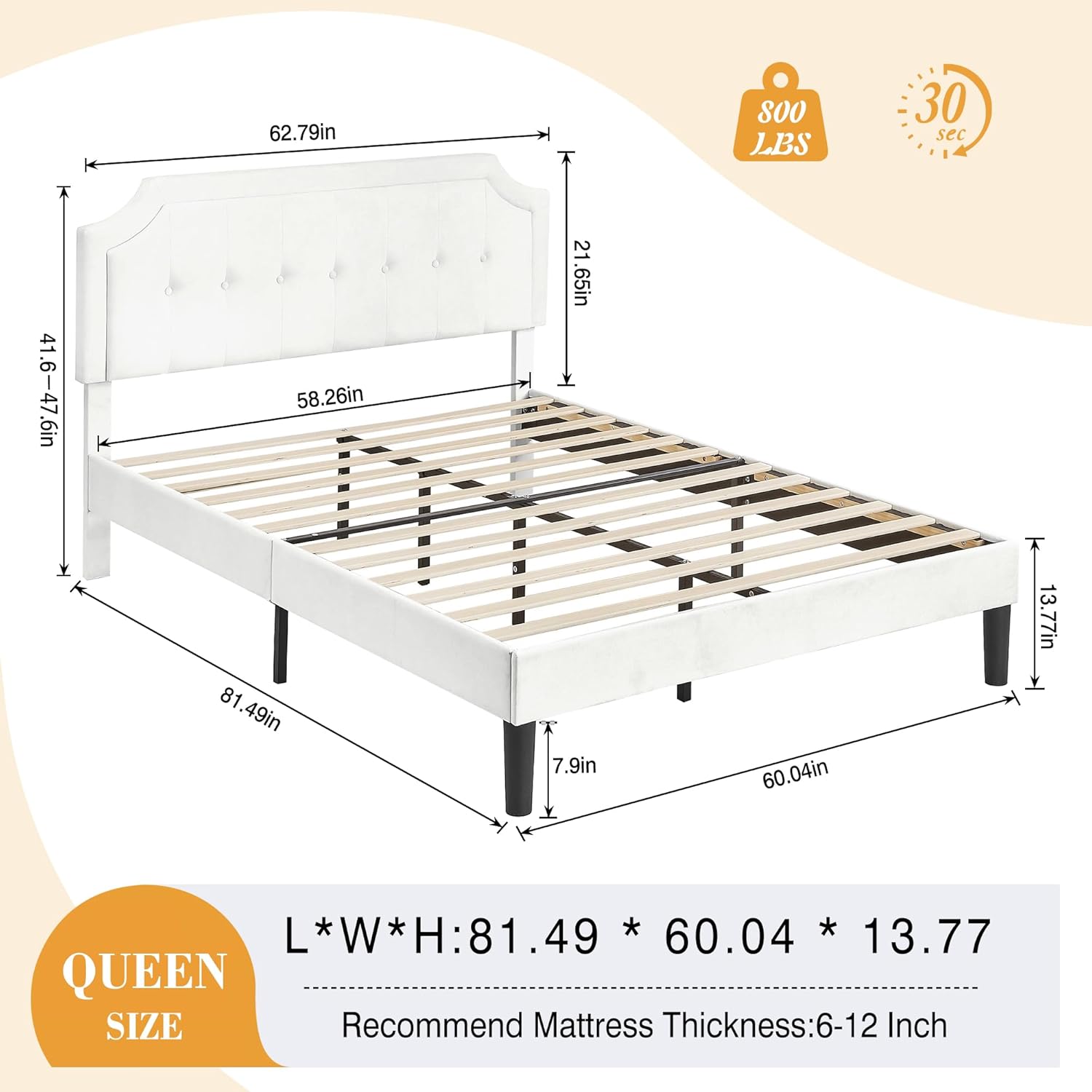 VECELO Queen Size Velvet Bed Frame with Headboard, Upholstered Platform Bedframe with Strong Wooden Slats, No Box Spring Needed, Easy Assembly,Off White