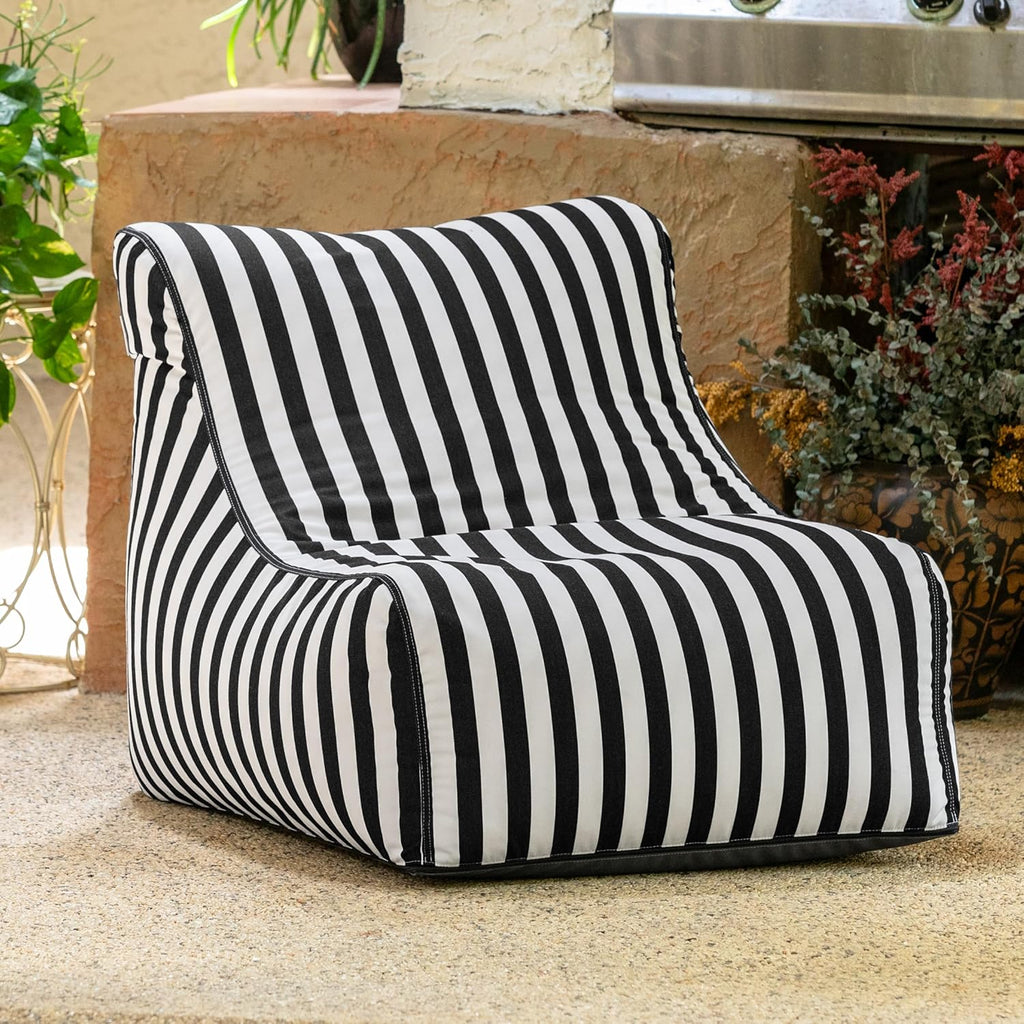 Jaxx Ponce Outdoor Bean Bag Chair - Weather Resistant Patio and Poolside Lounge Seating, Black & White Stripes