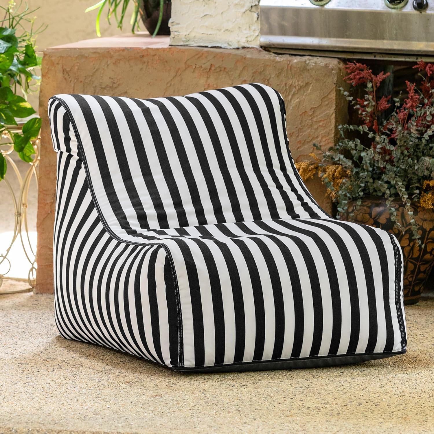 Jaxx Ponce Outdoor Bean Bag Chair - Weather Resistant Patio and Poolside Lounge Seating, Black & White Stripes