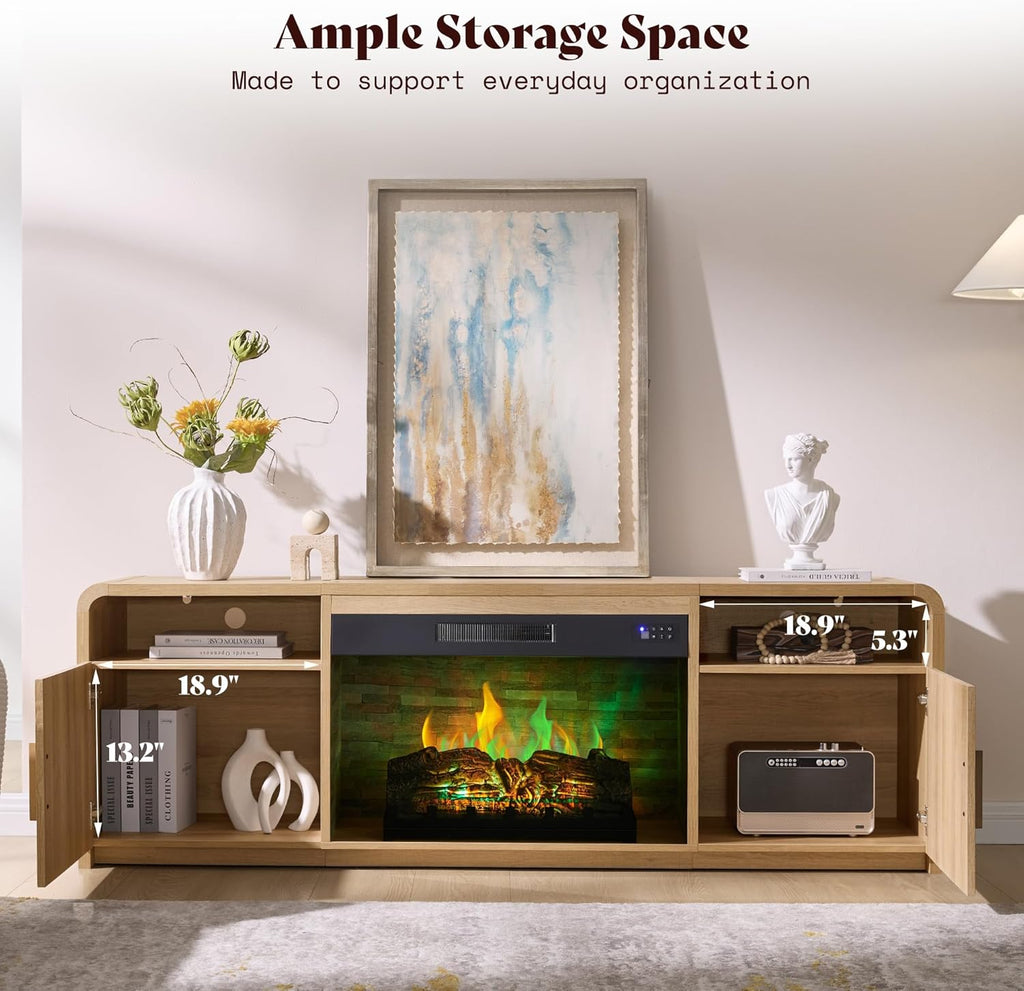 AMERLIFE 70" Fluted Fireplace TV Stand for TVs Up to 80", Modern TV Console with 30" Electric Fireplace & Storage Cabinets, Media Entertainment Center for Living Room, Natural Oak