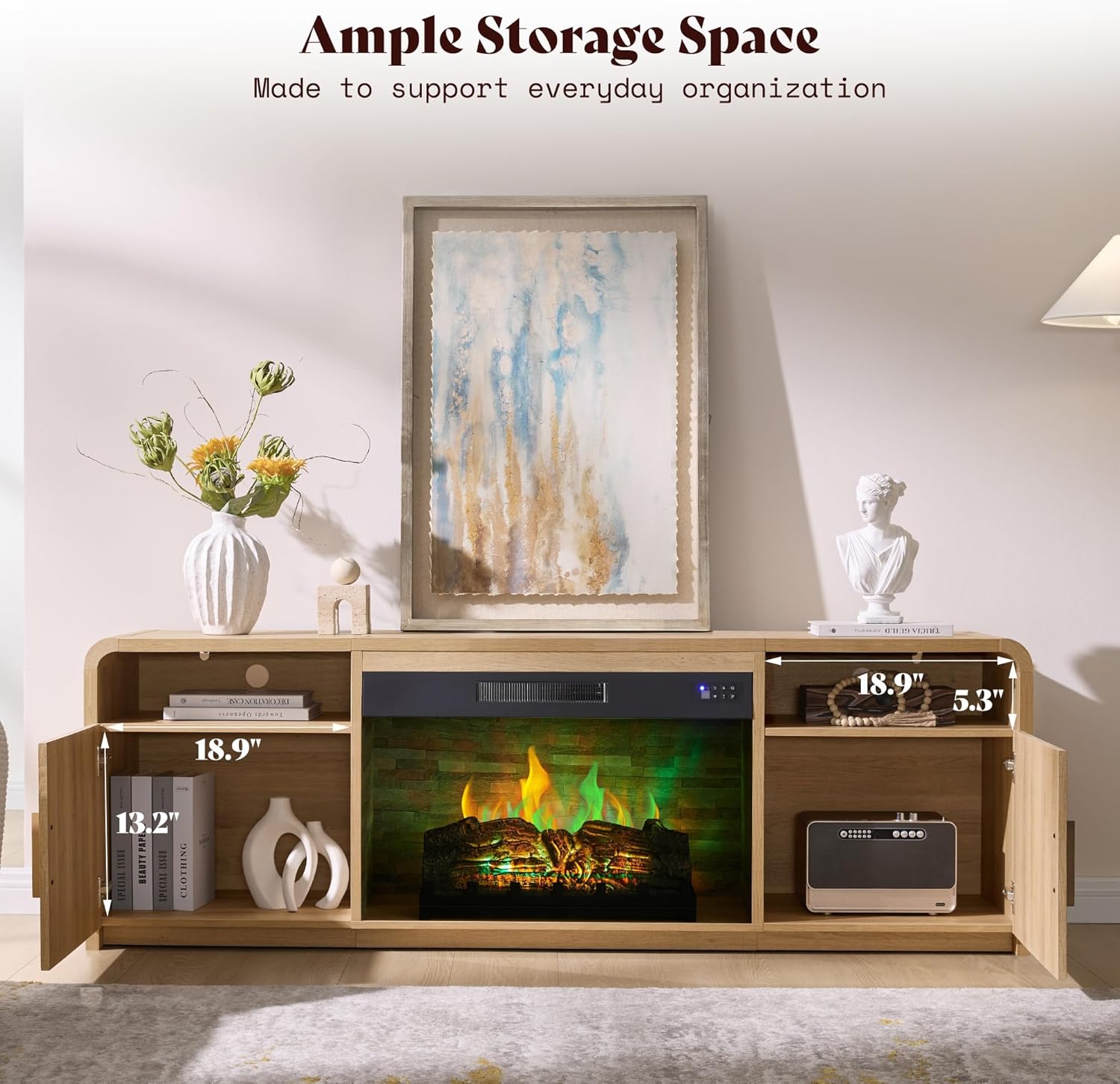 AMERLIFE 70" Fluted Fireplace TV Stand for TVs Up to 80", Modern TV Console with 30" Electric Fireplace & Storage Cabinets, Media Entertainment Center for Living Room, Natural Oak