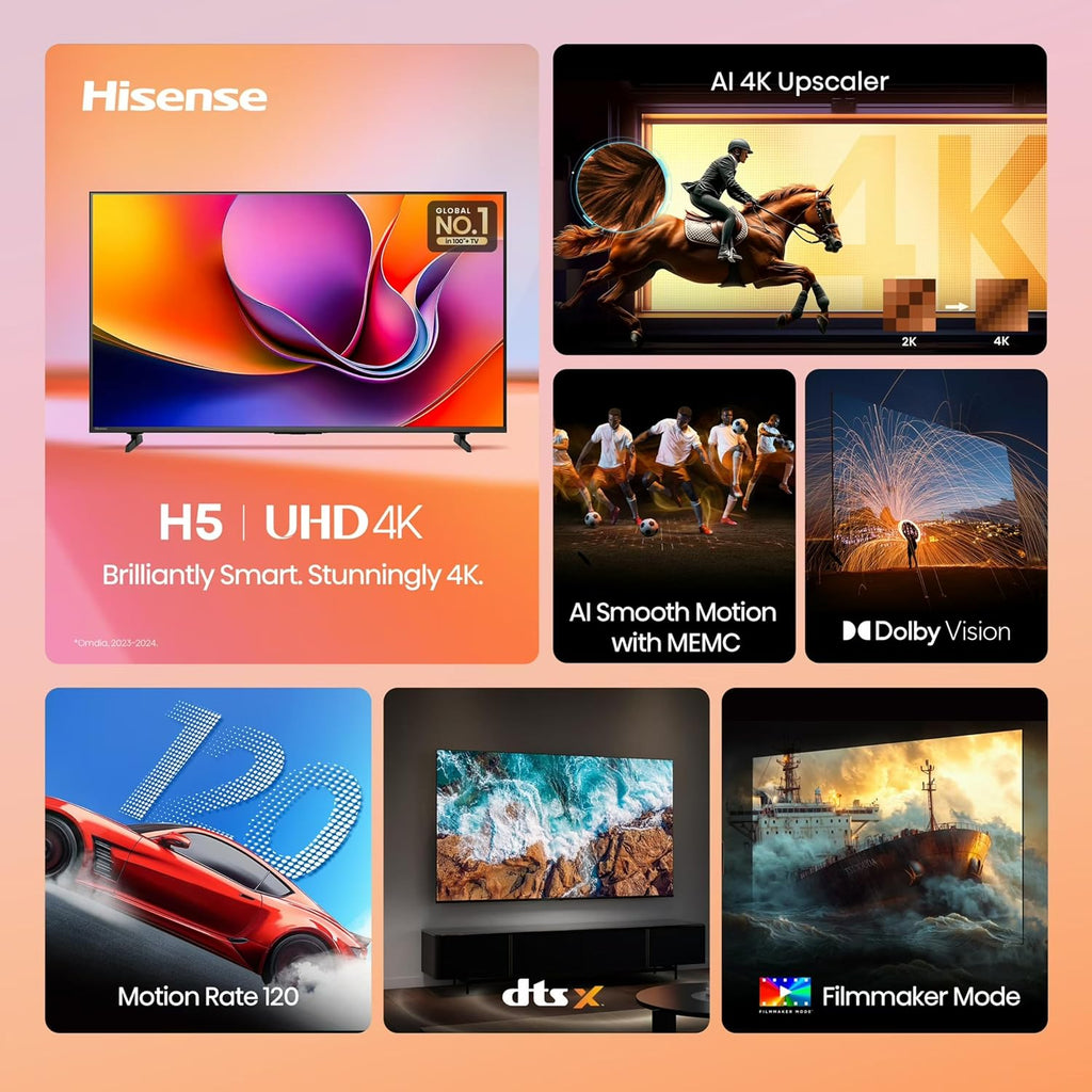Hisense 50-Inch Class H5 4K UHD HDR Google Smart TV (50H5BG, 2025) Dolby Vision Gaming HDR 10 Motion Rate 120 AI Upscaler DTS Virtual X Game Mode Plus Google Assistant + Free WallMount (Renewed)