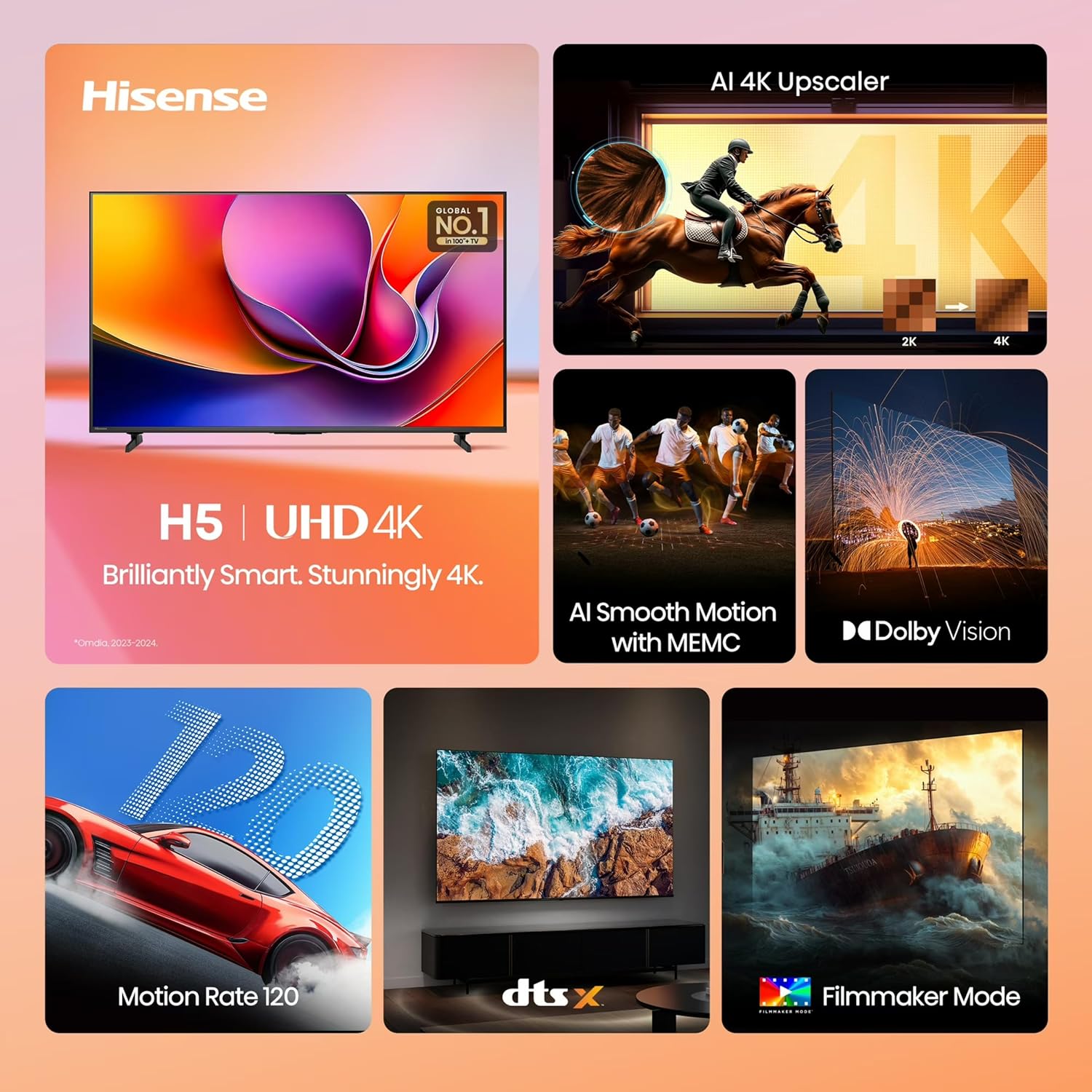 Hisense 50-Inch Class H5 4K UHD HDR Google Smart TV (50H5BG, 2025) Dolby Vision Gaming HDR 10 Motion Rate 120 AI Upscaler DTS Virtual X Game Mode Plus Google Assistant + Free WallMount (Renewed)