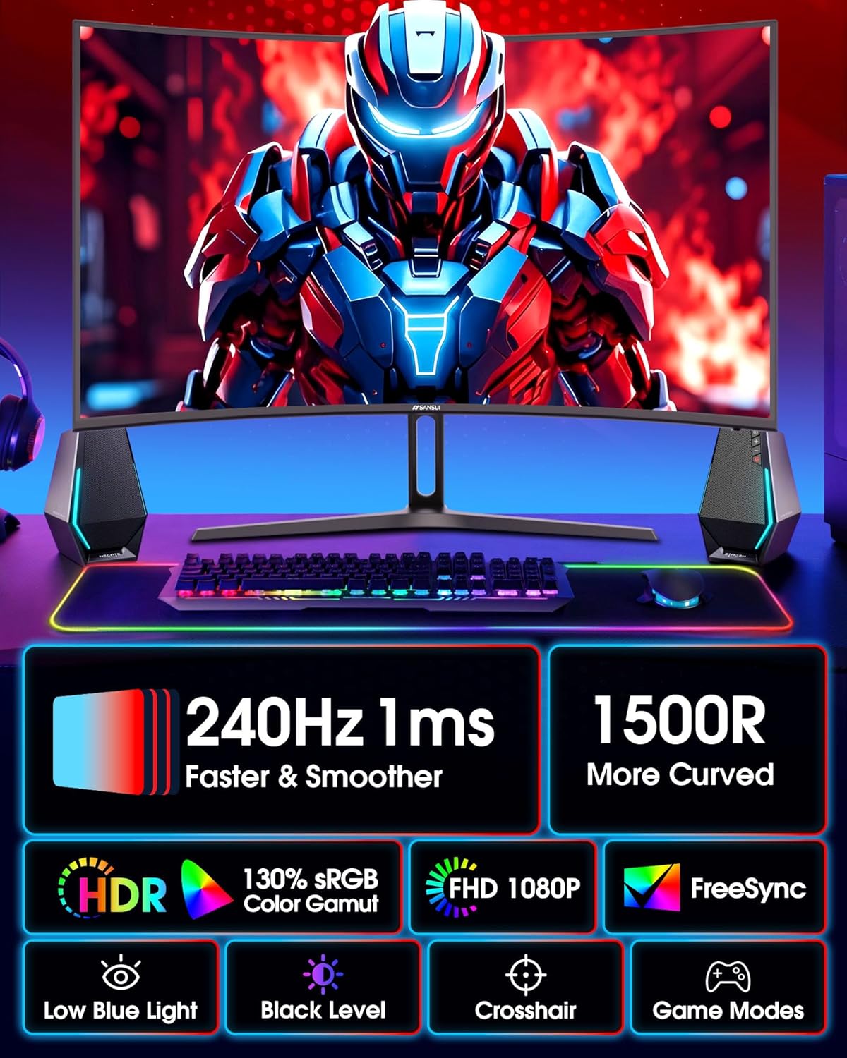 SANSUI 27 Inch Curved 240Hz Gaming Monitor FHD 1080P, 1500R Curve Computer Monitor, 130% sRGB, 4000:1 Contrast, HDR, FreeSync, MPRT 1Ms, Low Blue Light, HDMI DP Ports, Metal Stand, DP Cable Incl.