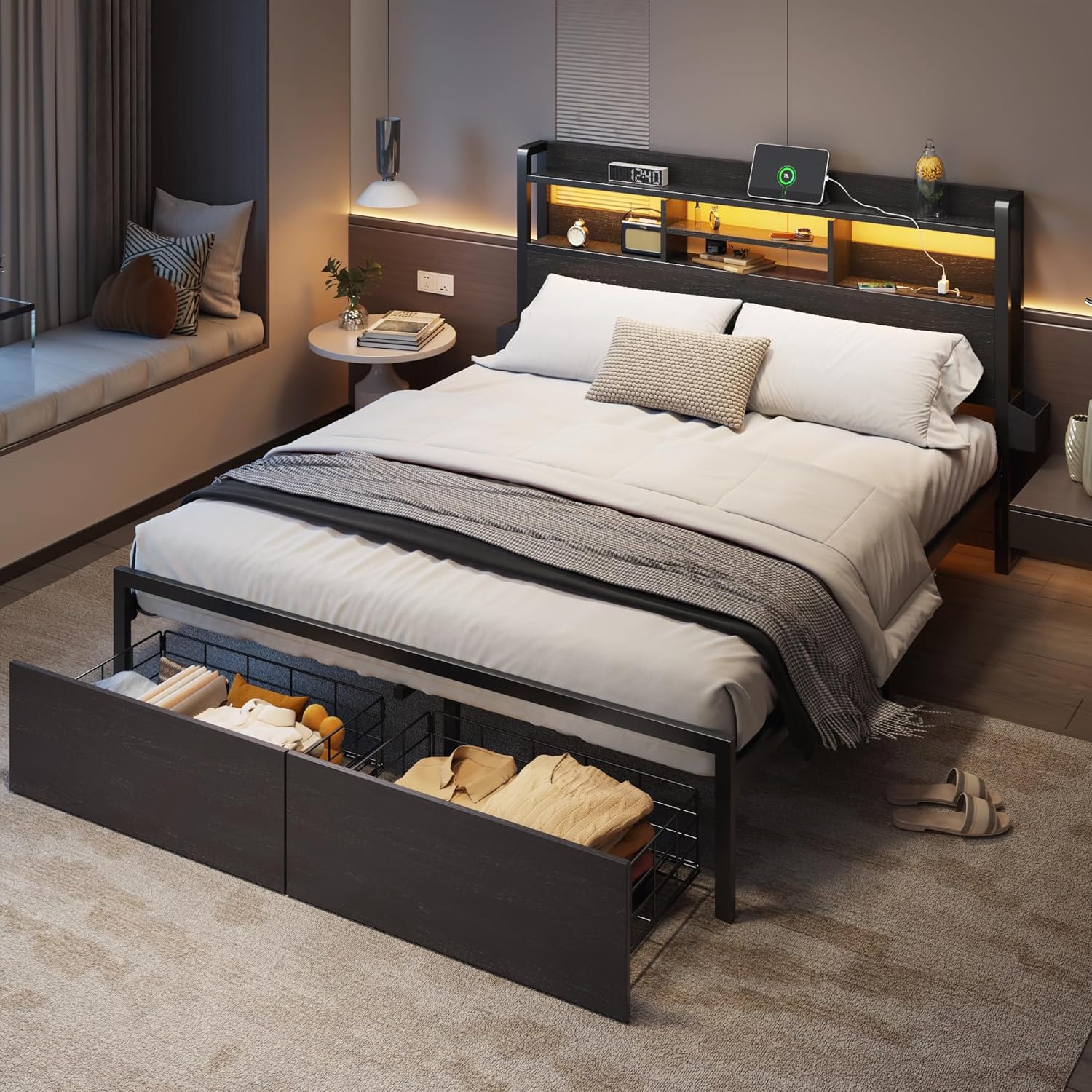 Furnulem Queen Bed Frame with Wood Headboard and Storage Shelf, Metal Platform Bed Frame Queen Size with Storage Drawers, LED Lights and Charging Station, No Box Spring Needed, Noise Free, Black