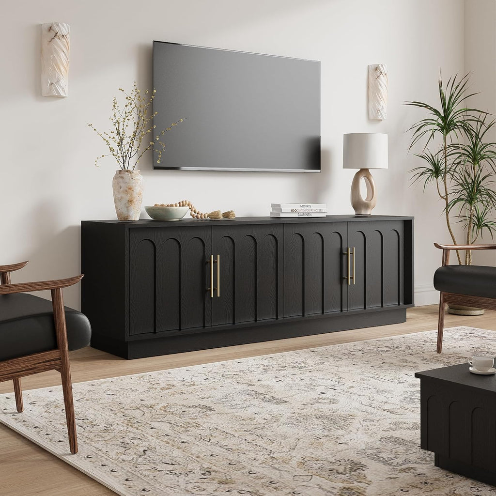 FORTUNETEC TV Stand for 75 Inch TV, 67" Entertainment Center with Arched Design, Minimalist Media Console with Adjustable Shelves, Modern TV Stand for Living Room Bedroom, Black