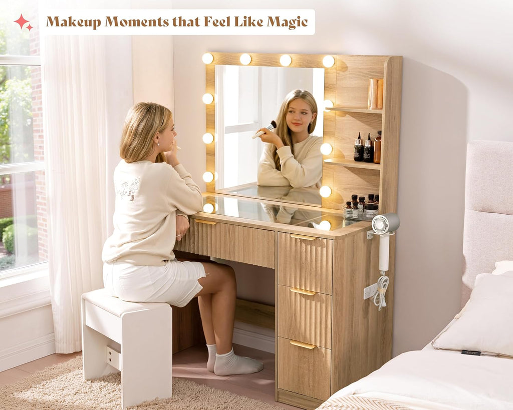 AMERLIFE 36.2" Fluted Vanity Desk with Mirror and Adjustable LED Lights, Large 4 Drawers Makeup Vanity Table with Glass Top and Charging Station for Women and Girls, Bedroom or Dorm, Natural Oak