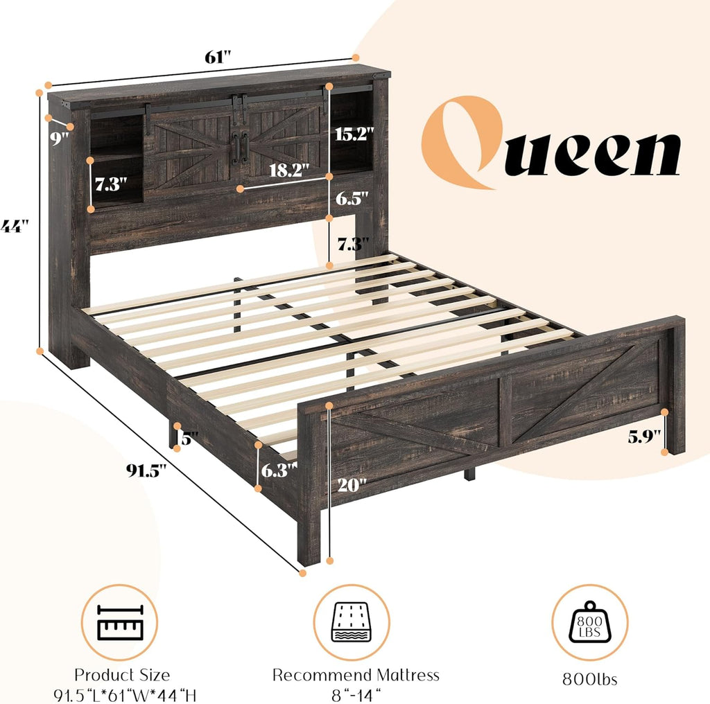 AMERLIFE Farmhouse Queen Bed Frame with Storage Headboard & Charging Station, Rustic Wood Platform Bed with Barn Door Bookcase, No Box Spring Needed, Dark Oak Bedroom Furniture