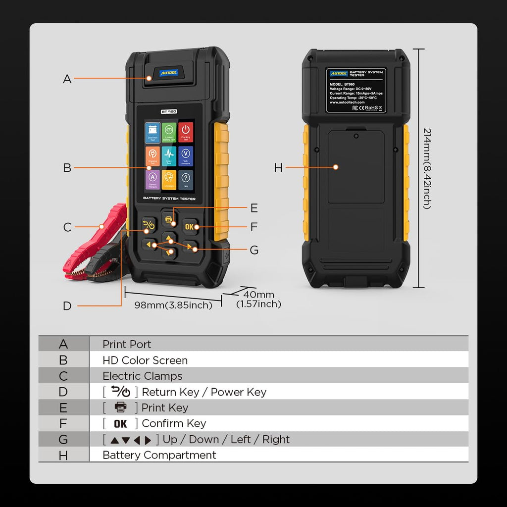AUTOOL Car Battery Tester 12V 24V Automotive Battery Load Tester 30-2000 CCA, Battery Tester with Printer, Support Lithium Battery, Cranking & Charging & Leakage Test, Data Review Protection