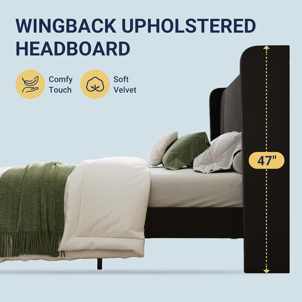 Allewie Queen Size Velvet Platform Bed Frame with Vertical Tufted Wingback Headboard, Easy Assembly, Under Bed Storage, No Box Spring Required, Modern Style, Black