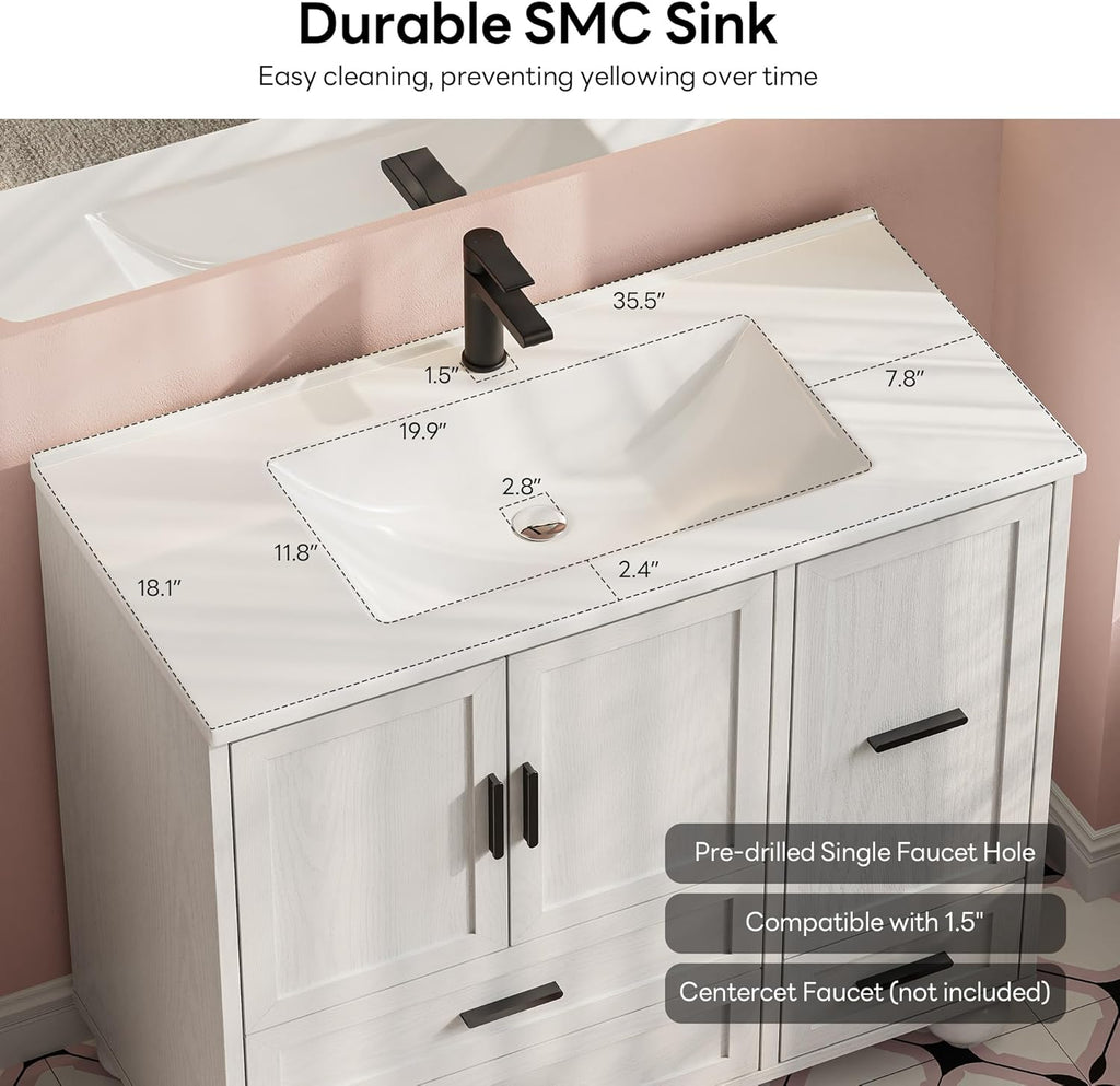 LIKIMIO 36" Bathroom Vanity with Sink, Hair Tool Drawer, 4 Solid Legs, 4 Drawers 2 Doors, Modern Freestanding Wooden Bathroom Cabinet with Undermount Upgraded SMC Sink, Quick Assembly, White