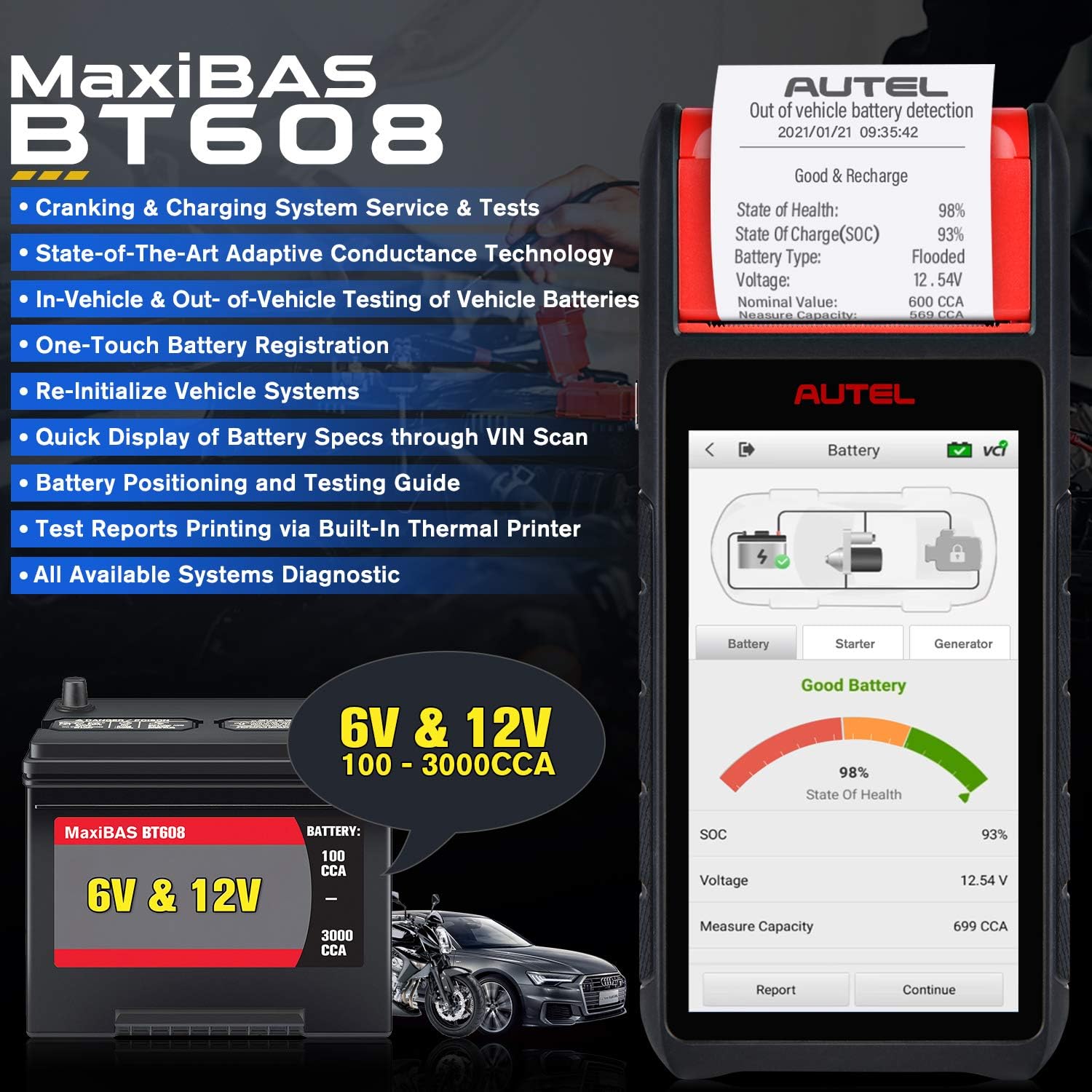 Autel MaxiBAS BT608 (E) Car Battery Tester, 2026 Up of BT508/ BT506, Adaptive Conductance (Worth 1000+), Cranking Charging Test as BT609, Battery Reset, MK808S/ MX808S Full Systems, Built-in Printer