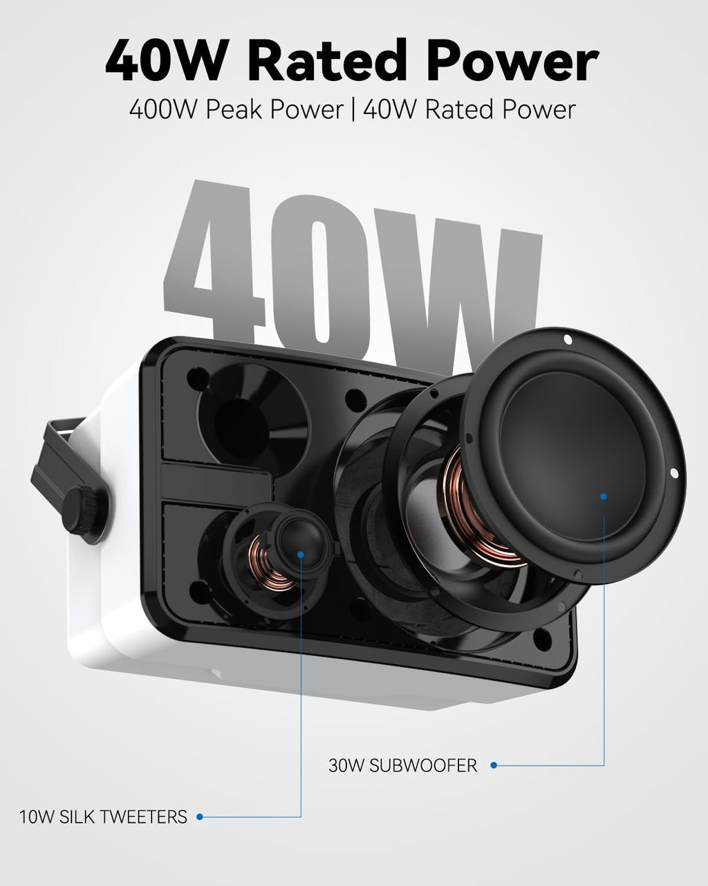 400W Outdoor Bluetooth Speakers, Wireless Sync Between Speakers, Powerful Bass, Wall Mount for Patio, Porch, Gazebo, Garage, 2-Pack, White(MZ-621)