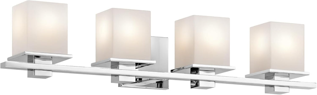 Kichler Tully 32" Vanity Light in Chrome, 4-Light Modern Bathroom Light with Satin Etched Cased Opal Glass, (32" W x 6.5" H), 45152CH
