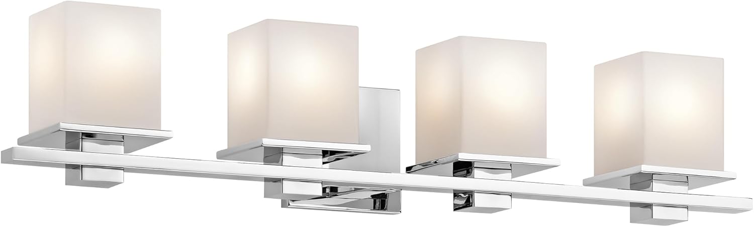 Kichler Tully 32" Vanity Light in Chrome, 4-Light Modern Bathroom Light with Satin Etched Cased Opal Glass, (32" W x 6.5" H), 45152CH