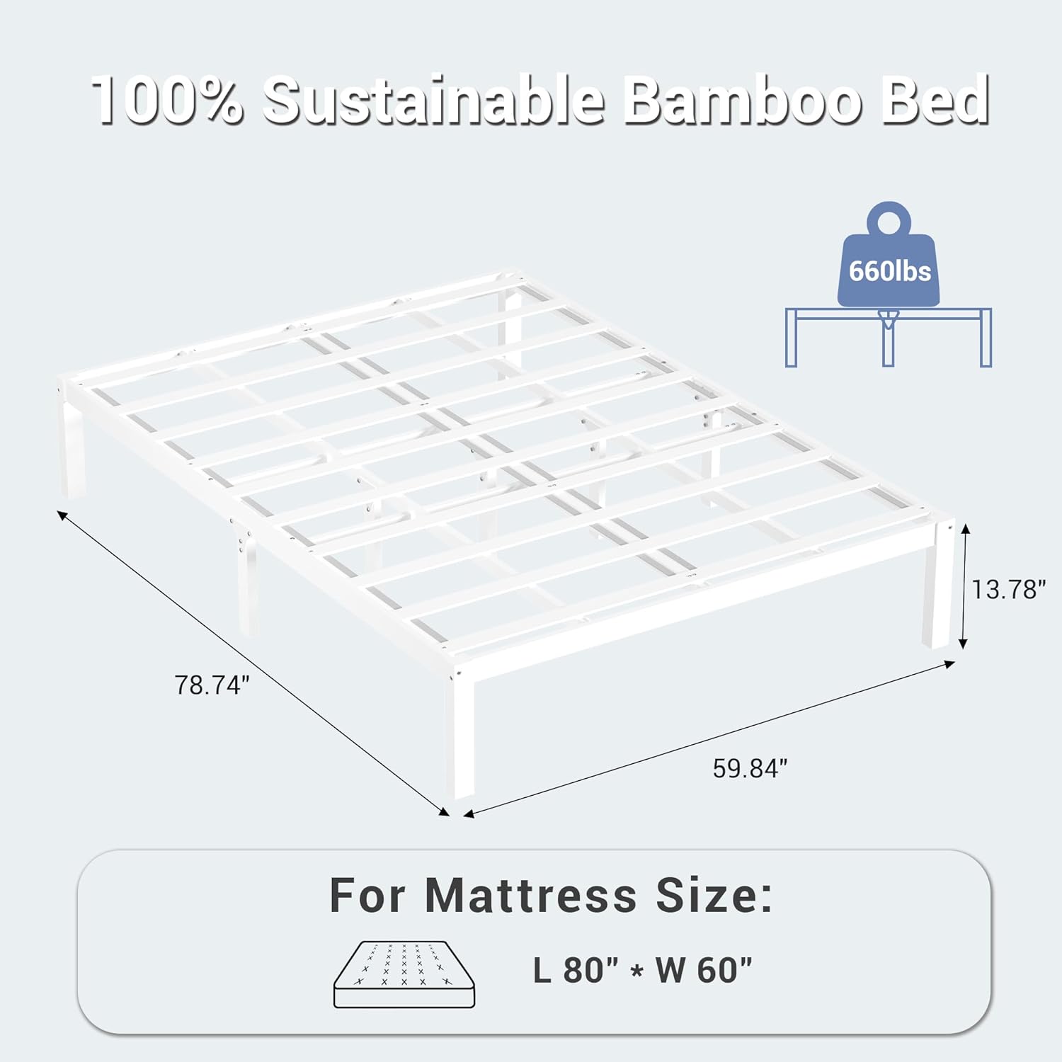 Bamboo Wood Bed Frame 14" Queen Size Platform Bed with Non-Slip Slats Support, No Box Spring Needed, Smooth Finish Bed with Under Bed Storage for Dorm & Bedroom, White