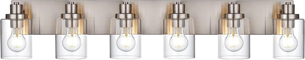 6 Light Vanity Light Brushed Nickel Bathroom Lighting Fixtures Over Mirror, Modern Bathroom Light with Clear Glass Shade, Farmhouse Vanity Lights
