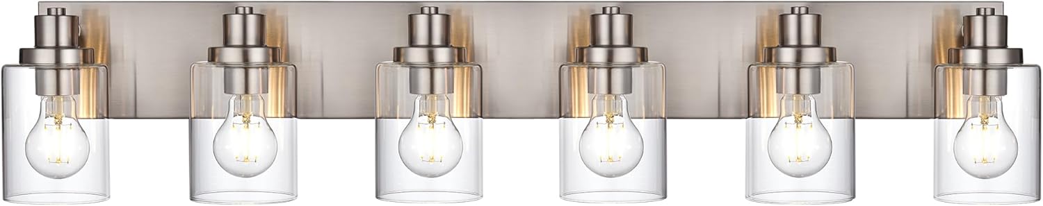 6 Light Vanity Light Brushed Nickel Bathroom Lighting Fixtures Over Mirror, Modern Bathroom Light with Clear Glass Shade, Farmhouse Vanity Lights