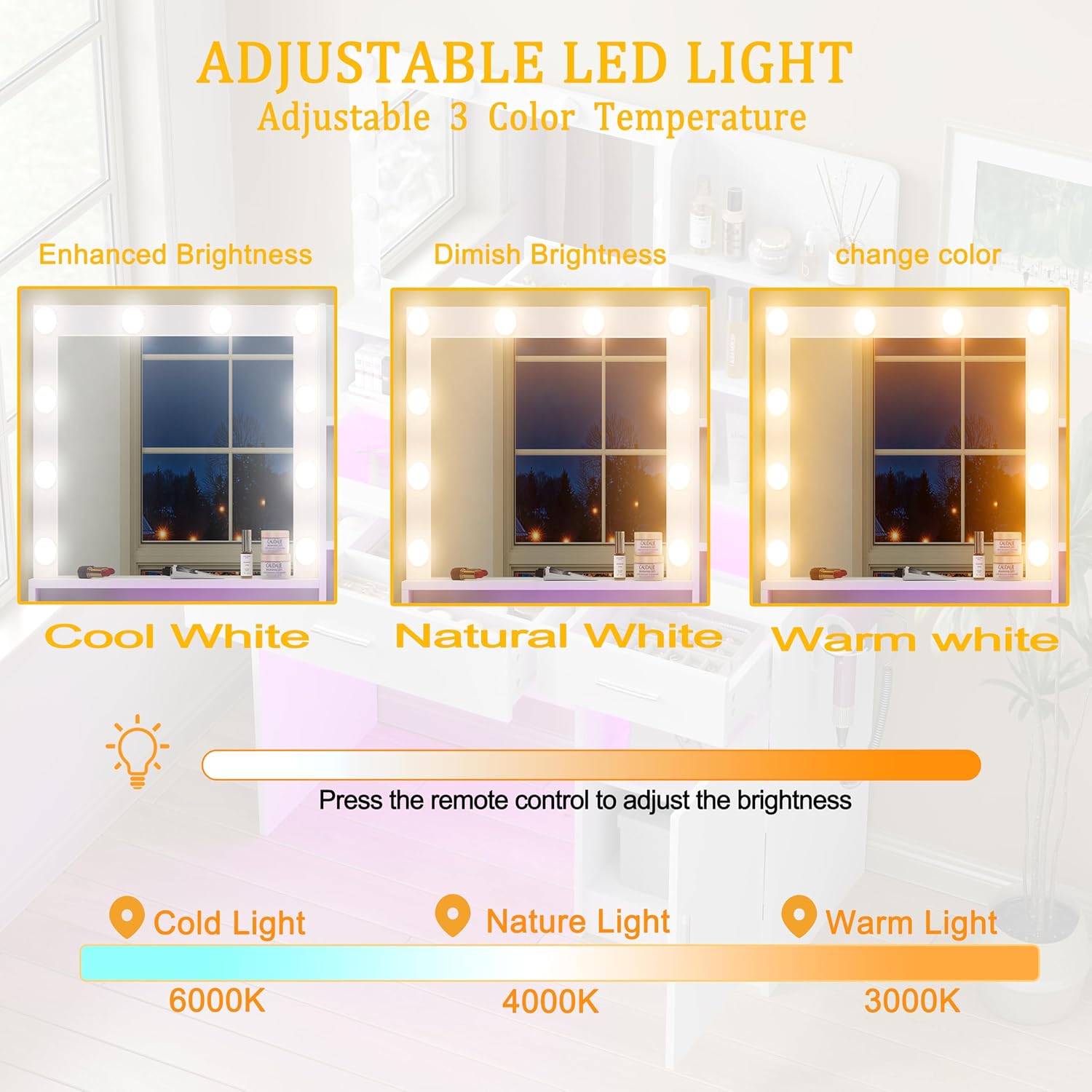 White Vanity Desk with Mirror and Lights, Vanitys with Glass Top & Power Outlet, Dressing Table with 36 Lighting Modes Brightness Adjustable RGB Drawers, for Women Girls Bedroom (White)