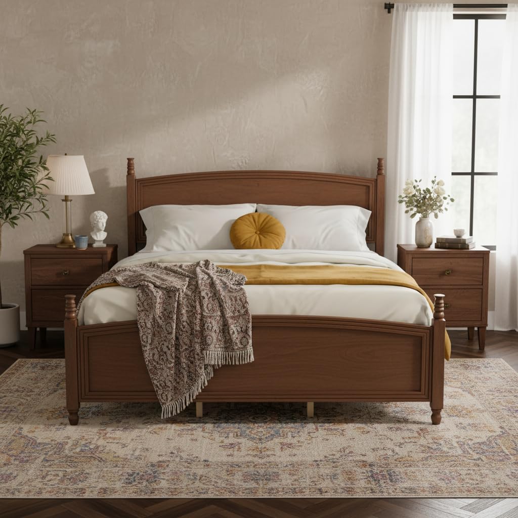 Christopher Knight Home King Bed Frame with Curved Headboard & Footboard, Solid Pine Wood Platform Bed Frame King Size, Mid Century Modern Bedframe with Wood Slat Support, No Box Spring Needed, Walnut