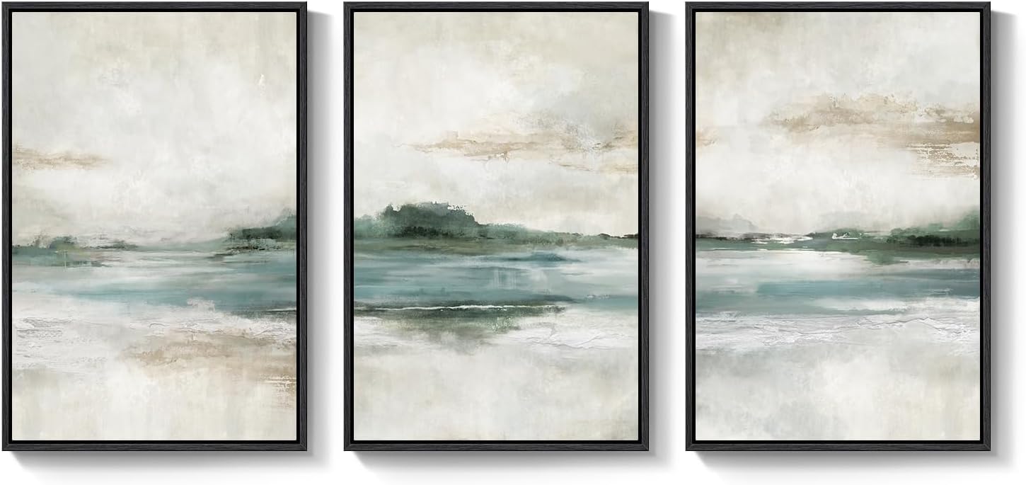 Large Framed Abstract Nature Landscape Wall Art for Living Room, Set of 3 Modern Canvas Prints Paintings Artwork for Walls, Green Lake Pictures for Hallway, Dining Room, Office Wall Decor 24x36 Inch