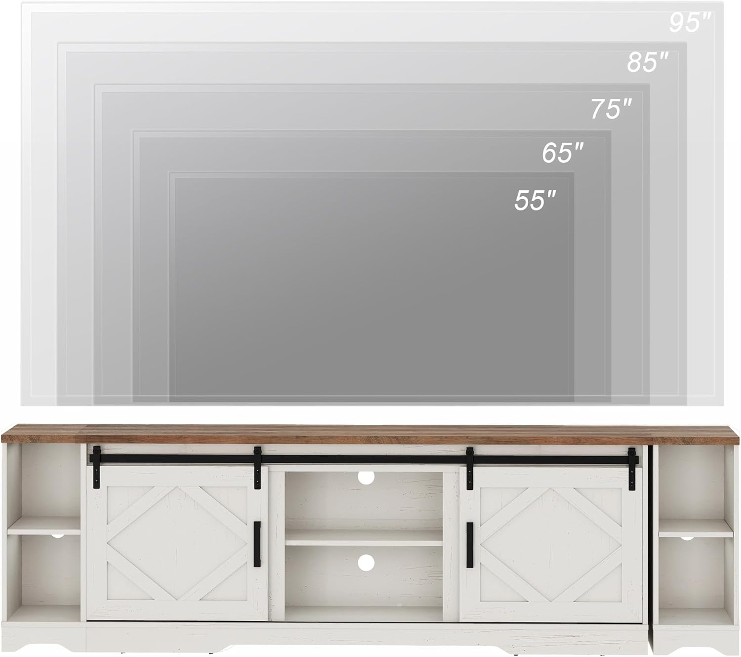 WAMPAT 3-in-1 Modern Farmhouse TV Stand for up to 95" TV, 25.6" H Wood Entertainment Center with Sliding Barn Door and Adjustable Media Storage Shelf for Living Room, Antique White